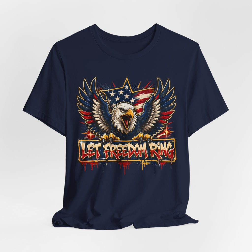 Navy crew-neck T-shirt with bald eagle, wings, and patriotic text graphic