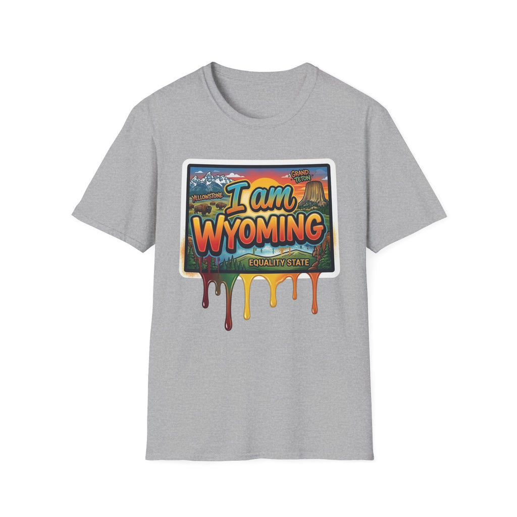 Sport grey T-shirt with colorful "I am Wyoming" postcard-style print and drippy details
