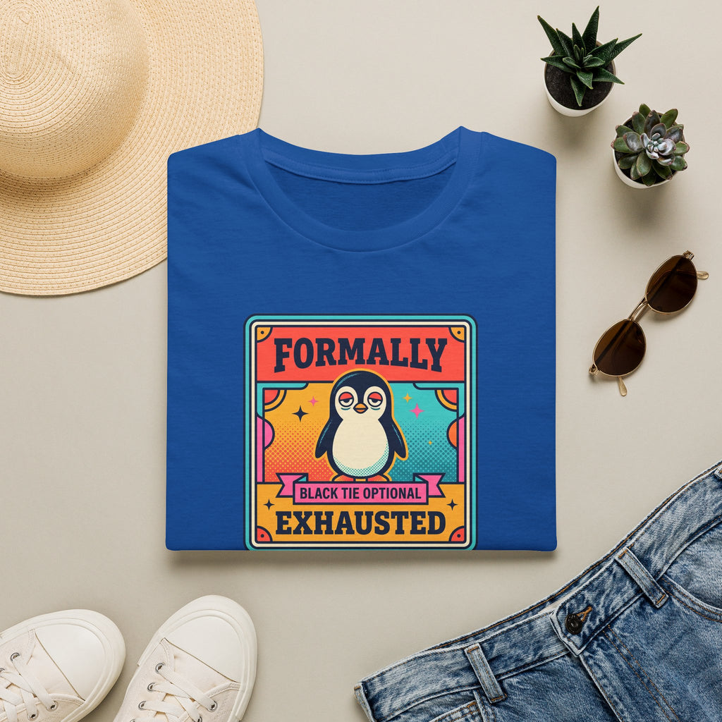 Royal blue crew-neck T-shirt with retro penguin badge graphic and “Formally” “Exhausted” text.
