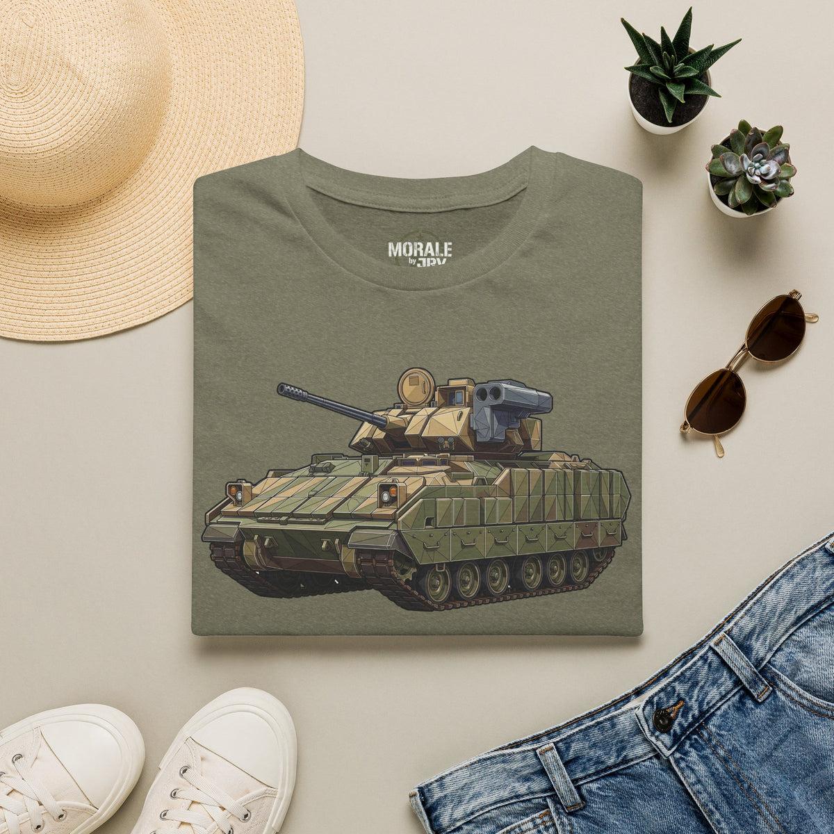 Olive green tank graphic T-shirt with armored vehicle print on the chest
