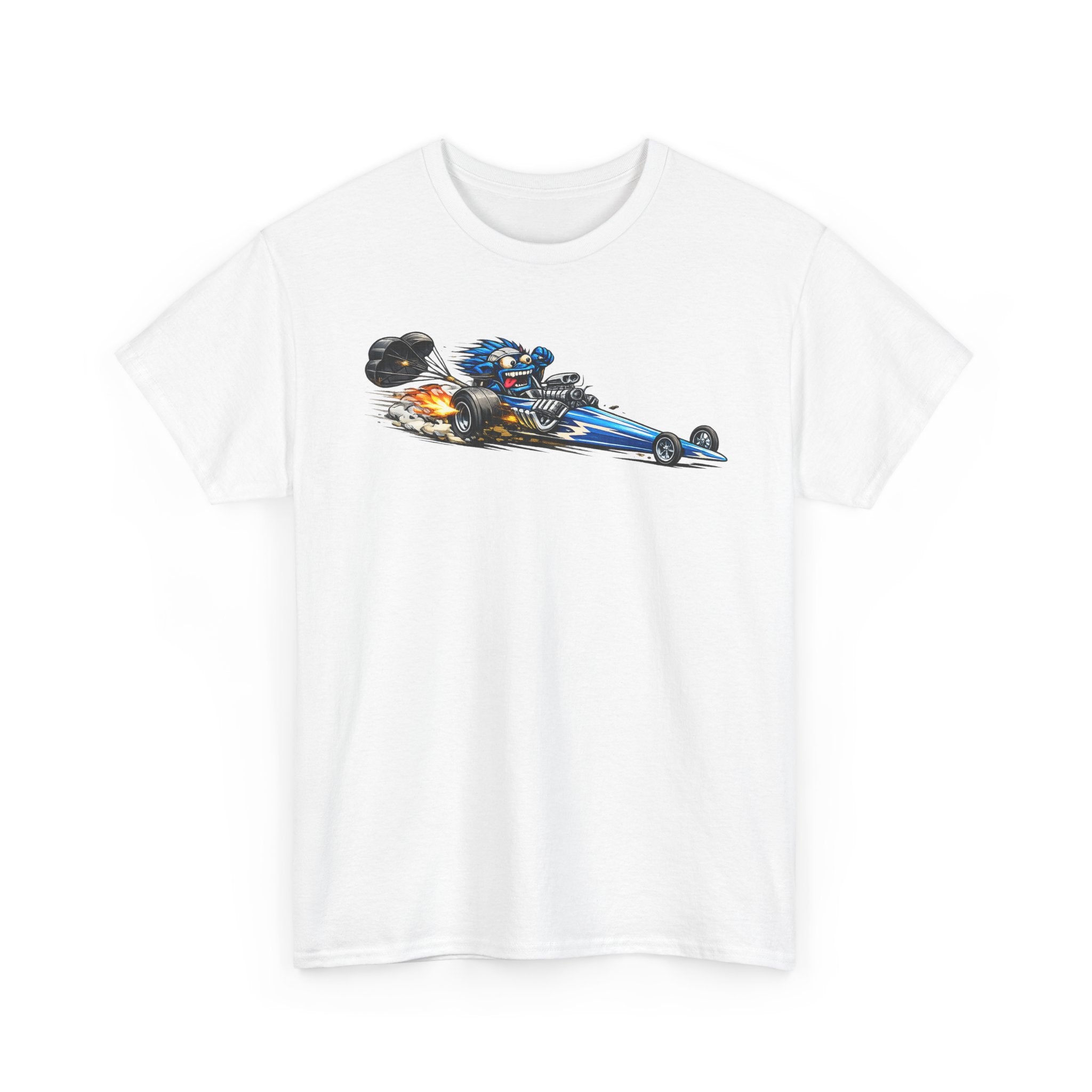 White unisex graphic tee with flaming dragster car print on the chest