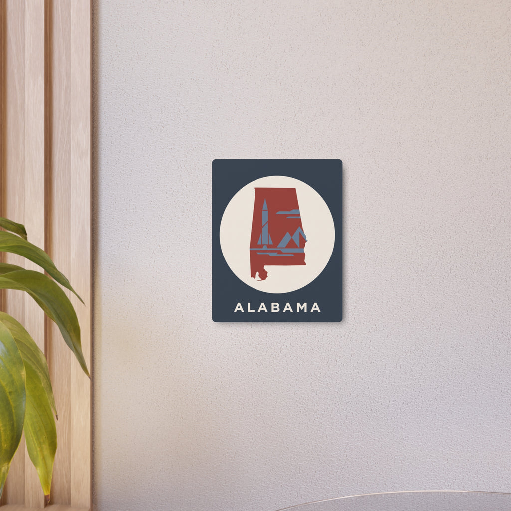 Alabama retro rocket metal wall sign, small dark blue square with circular logo and 'ALABAMA'