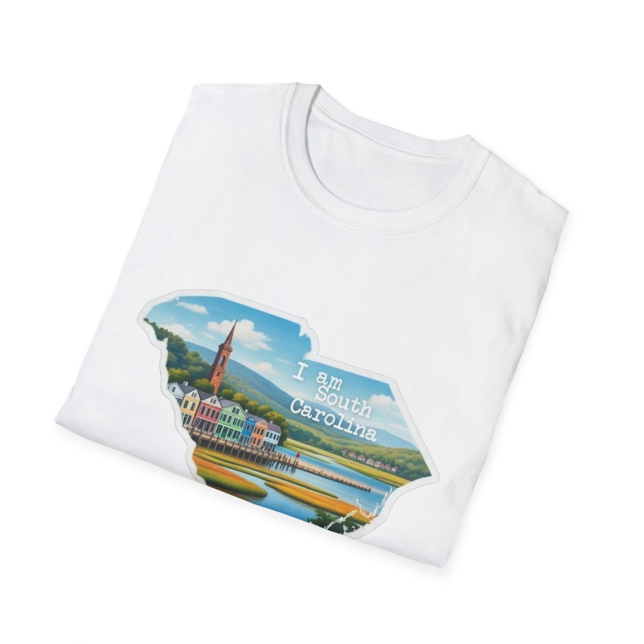 White T-shirt with angled South Carolina state skyline graphic and “I am South Carolina” text