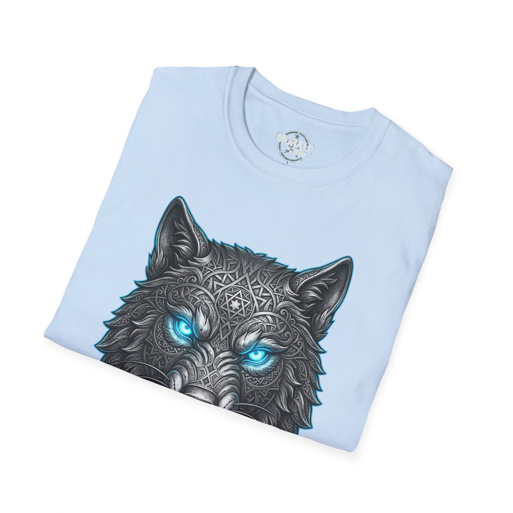 Light blue T-shirt with detailed wolf head artwork, glowing blue eyes