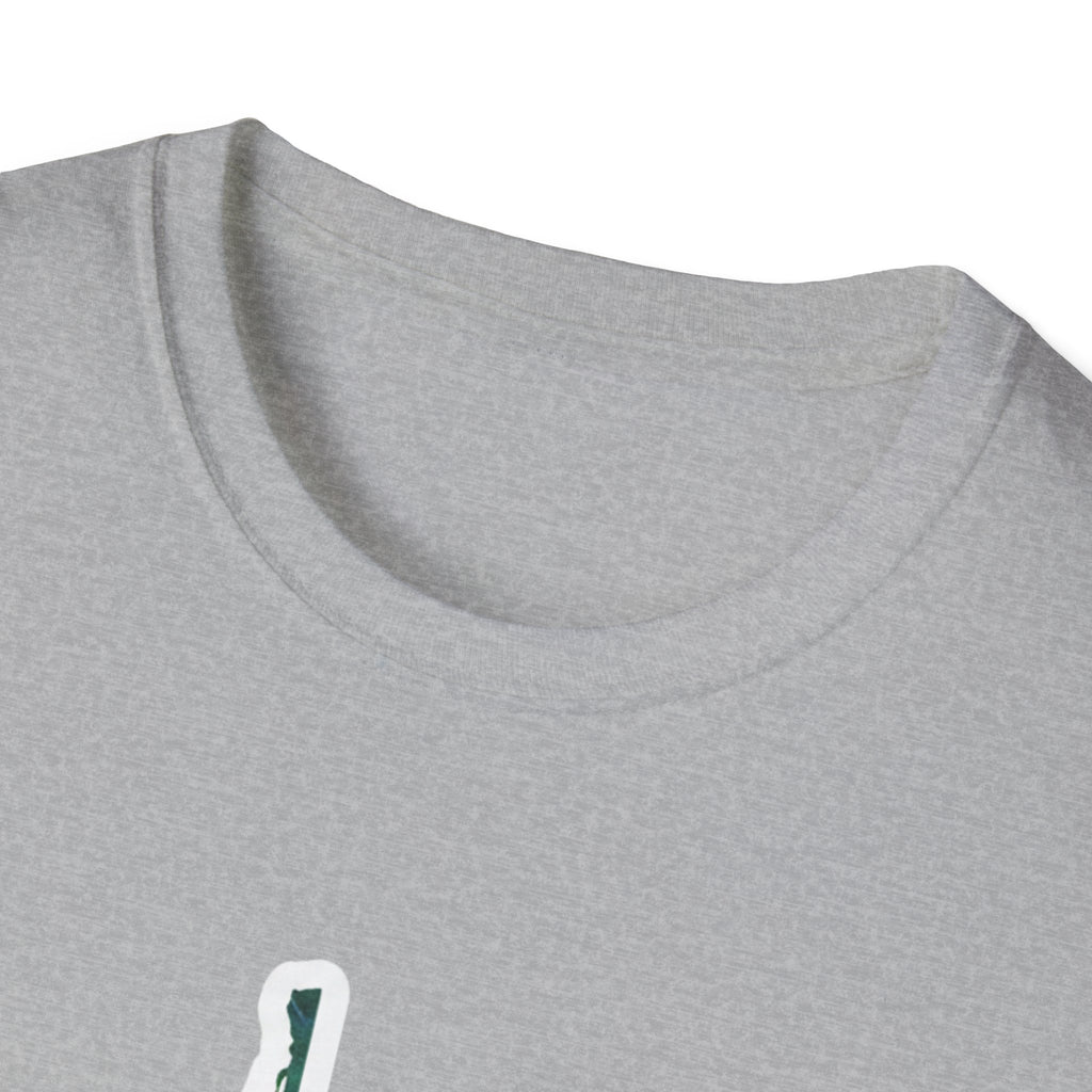 Sport Grey T-shirt neckline close-up, top of West Virginia map print