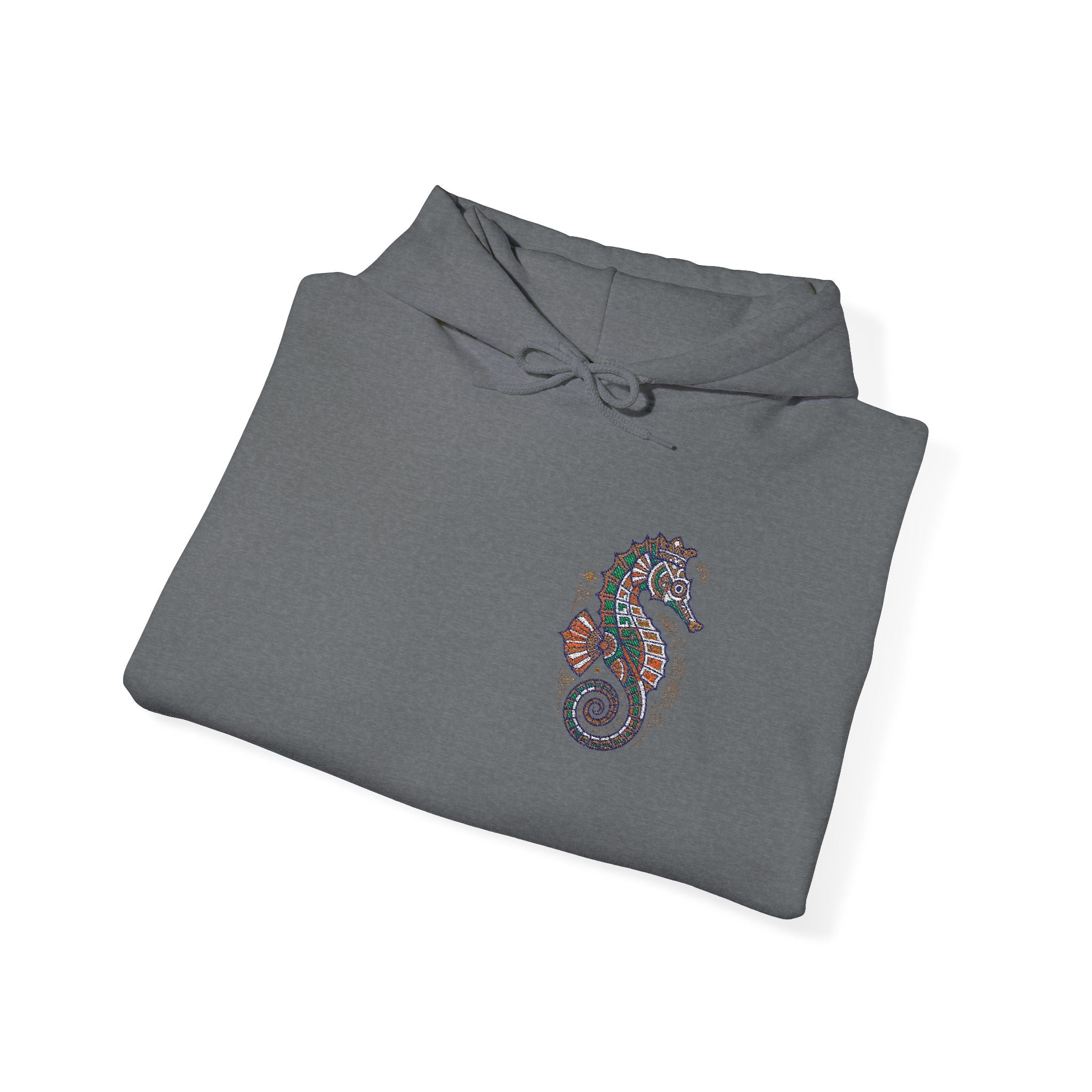 Charcoal gray hoodie sweatshirt with drawstring hood and colorful seahorse graphic on chest