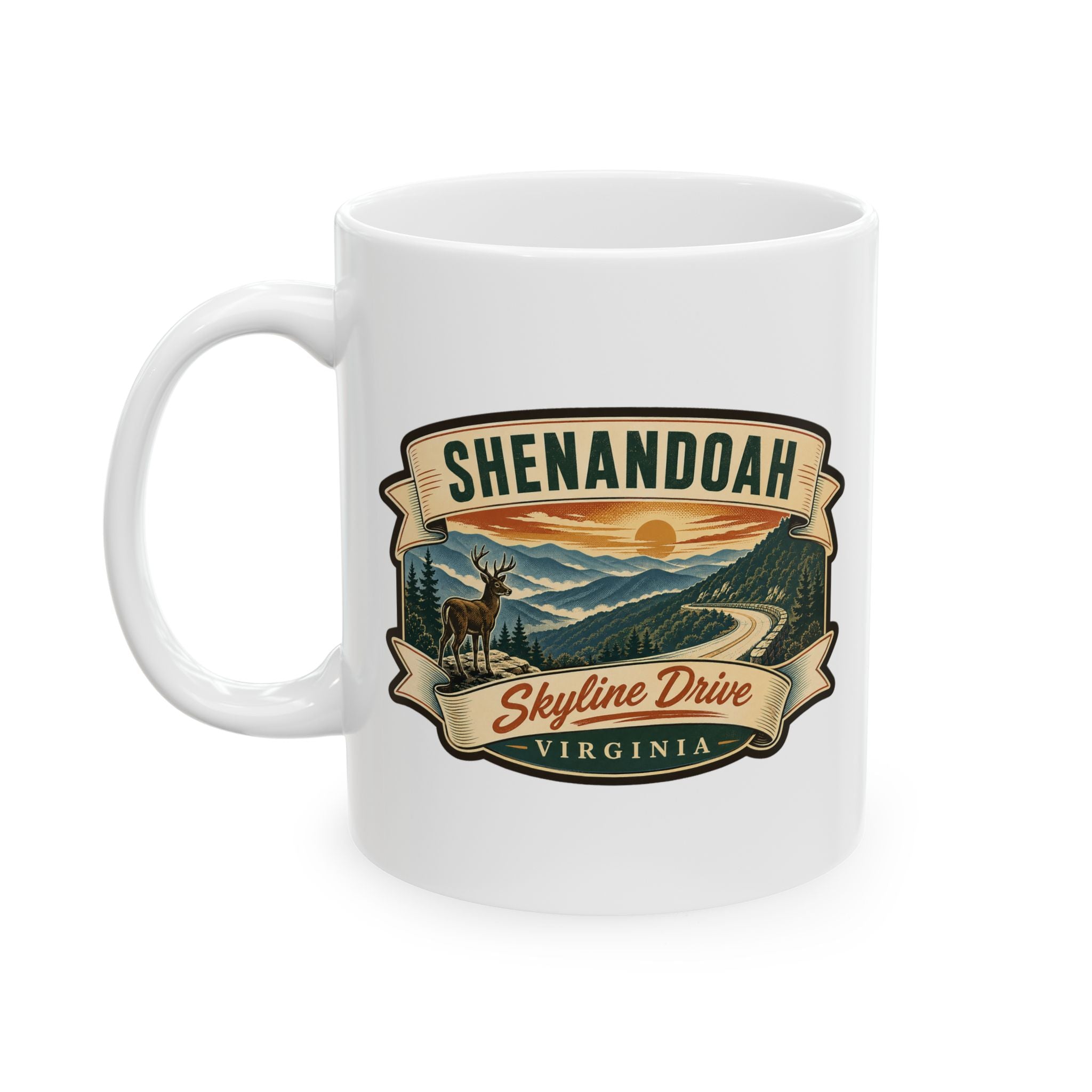 White ceramic mug with Shenandoah Skyline Drive Virginia badge and white handle.