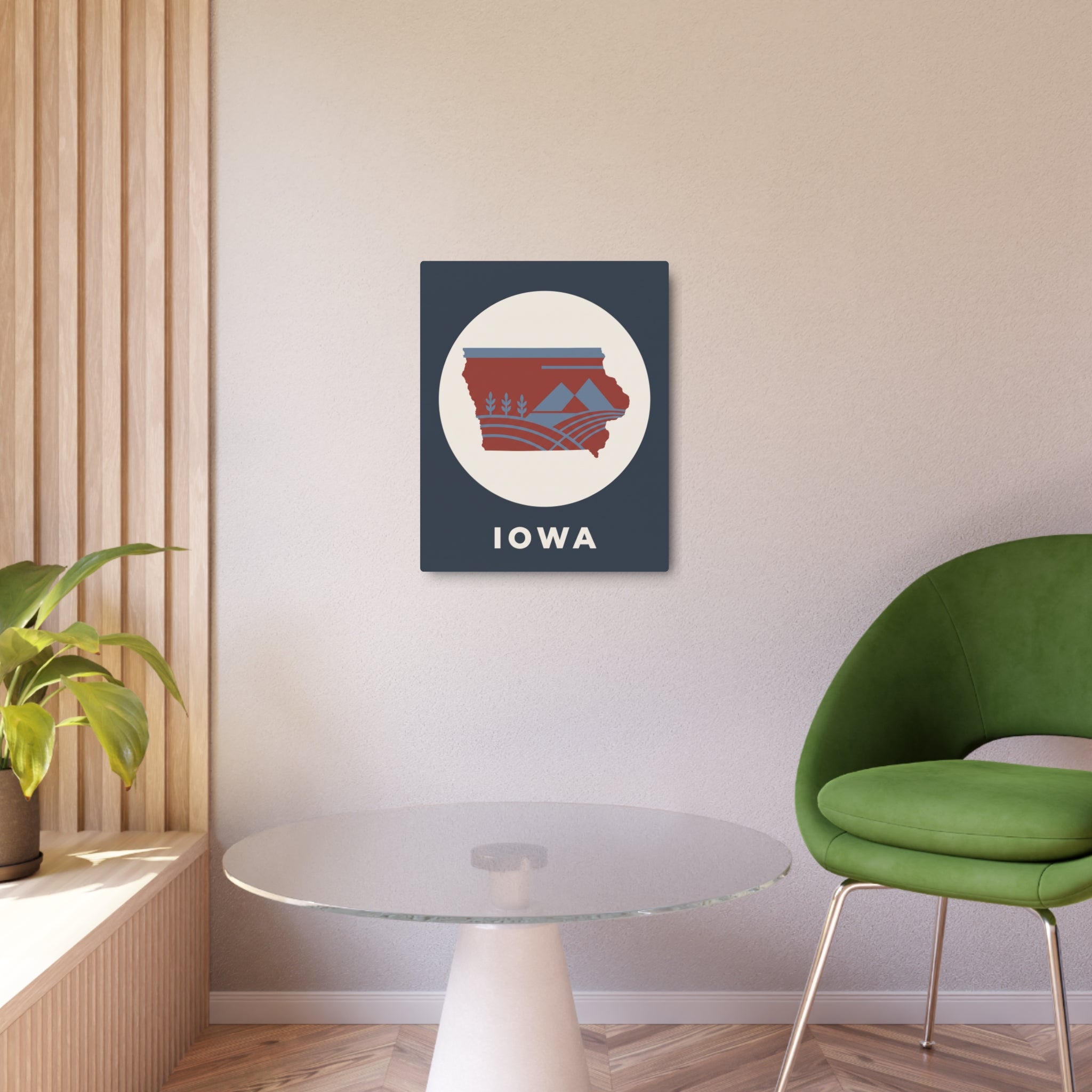 Small dark blue metal Iowa wall sign with circular red state emblem and 'IOWA' text