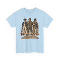 Light blue graphic soldiers T-shirt with bold text "Same Mission Different Century."
