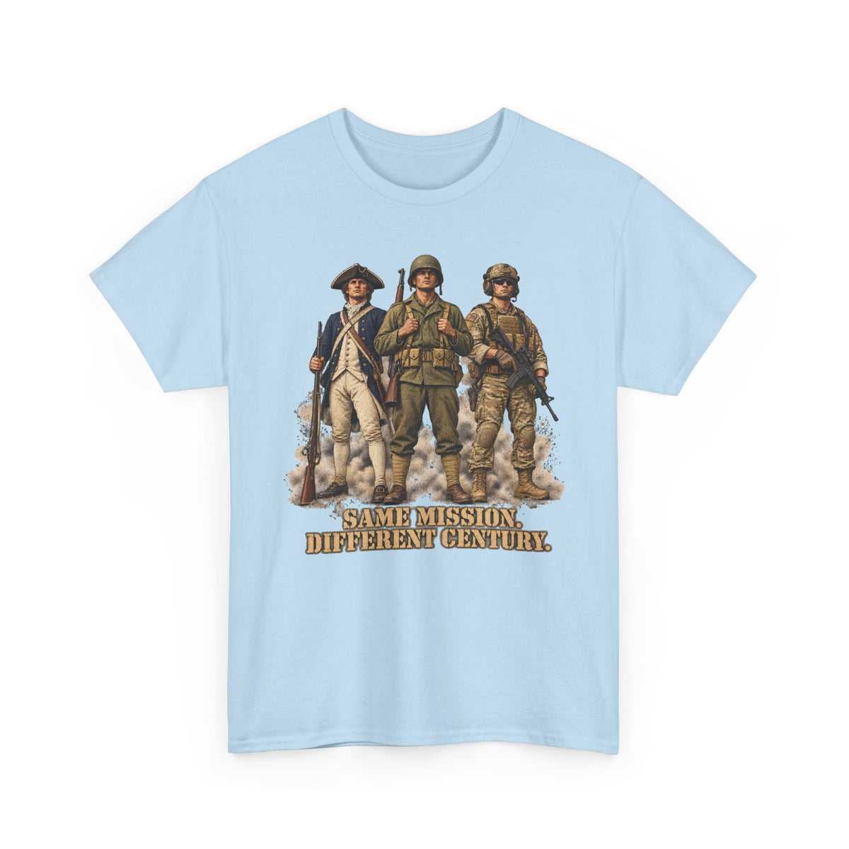 Light blue graphic soldiers T-shirt with bold text "Same Mission Different Century."