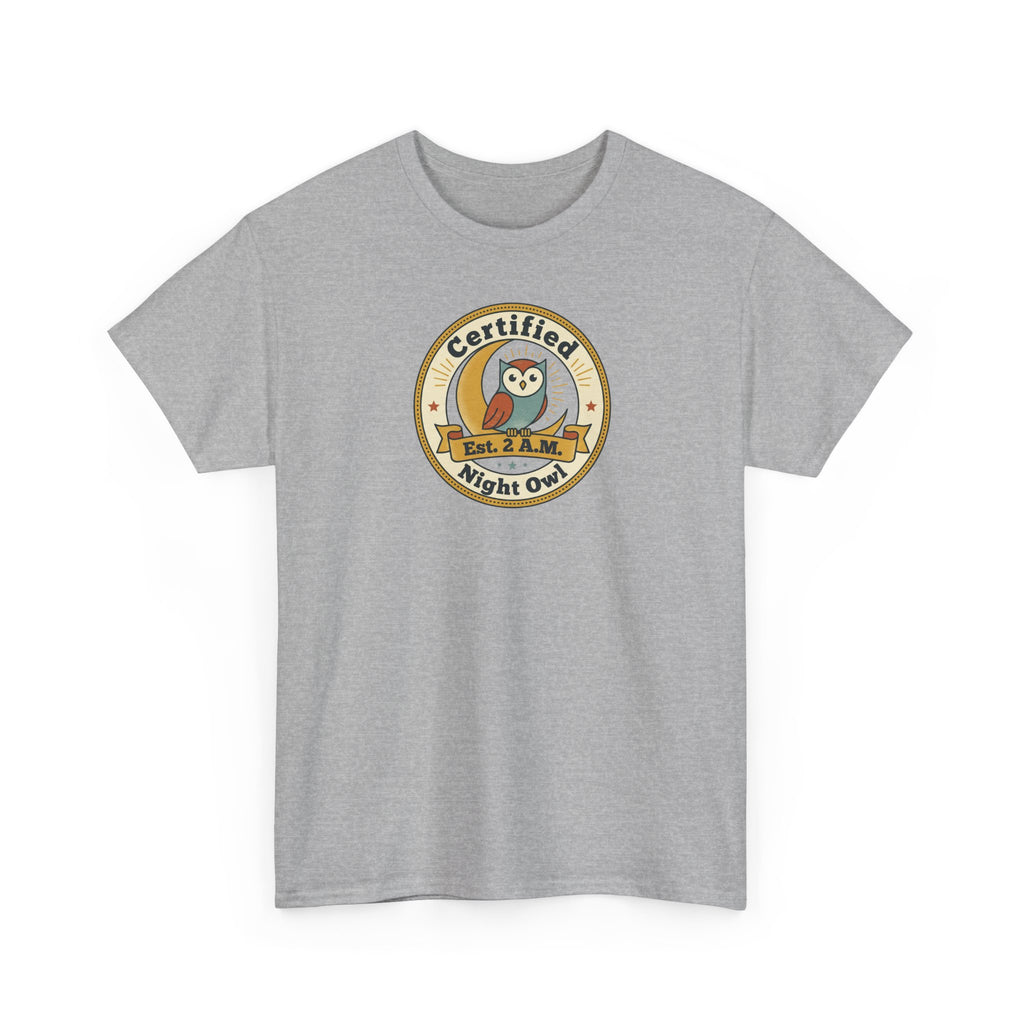 Gray T-shirt with "Certified Night Owl" owl badge graphic on chest