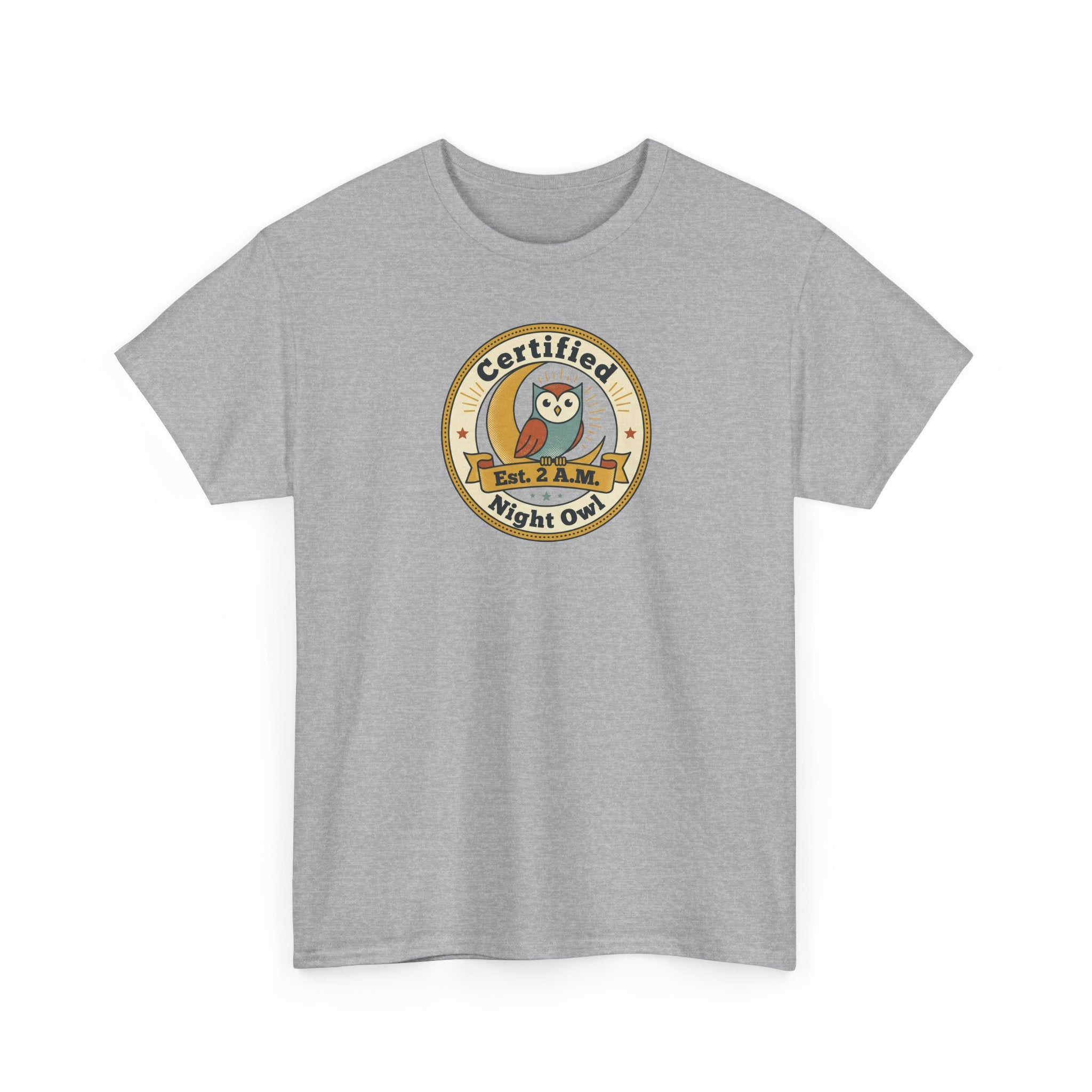 Gray T-shirt with "Certified Night Owl" owl badge graphic on chest
