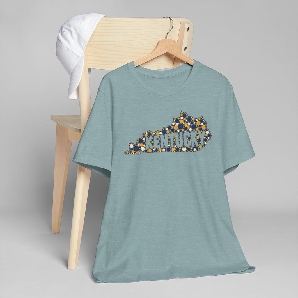 Kentucky State Shape T-Shirt | Blue and Gold Pattern Kentucky Outline Graphic Tee
