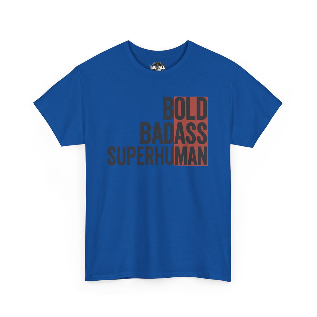 Royal blue crewneck T-shirt with bold stacked superhero text graphic.
