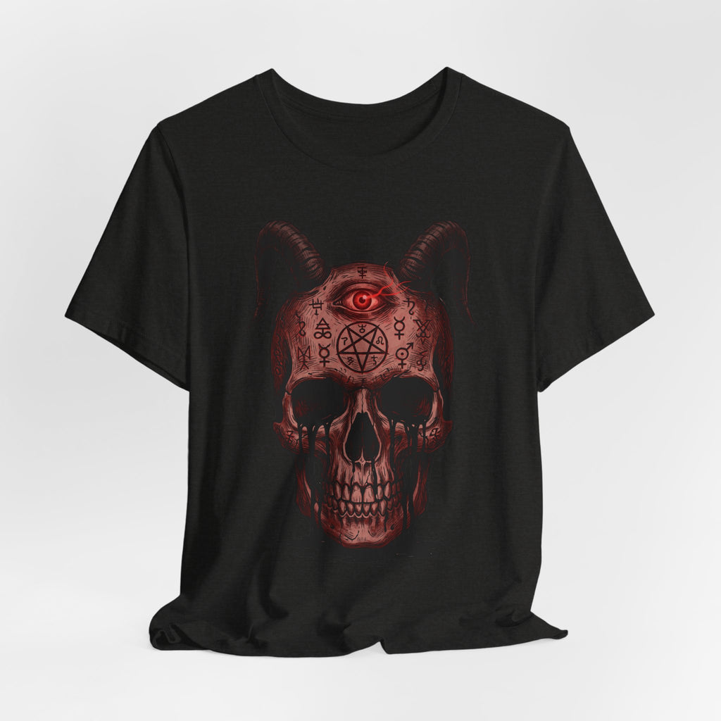 Dark unisex T-shirt with front demon skull graphic, horns and glowing red eye