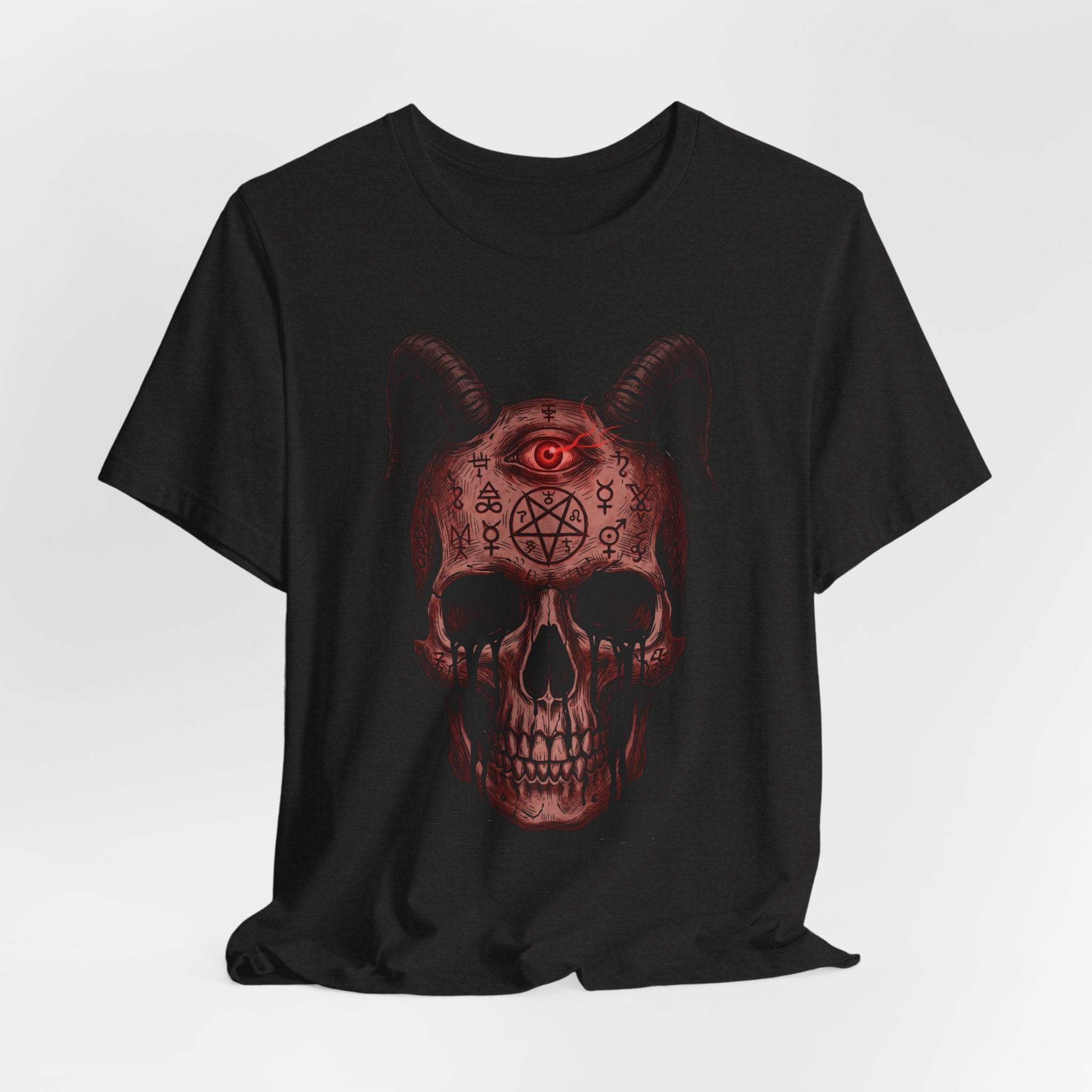 Dark unisex T-shirt with front demon skull graphic, horns and glowing red eye
