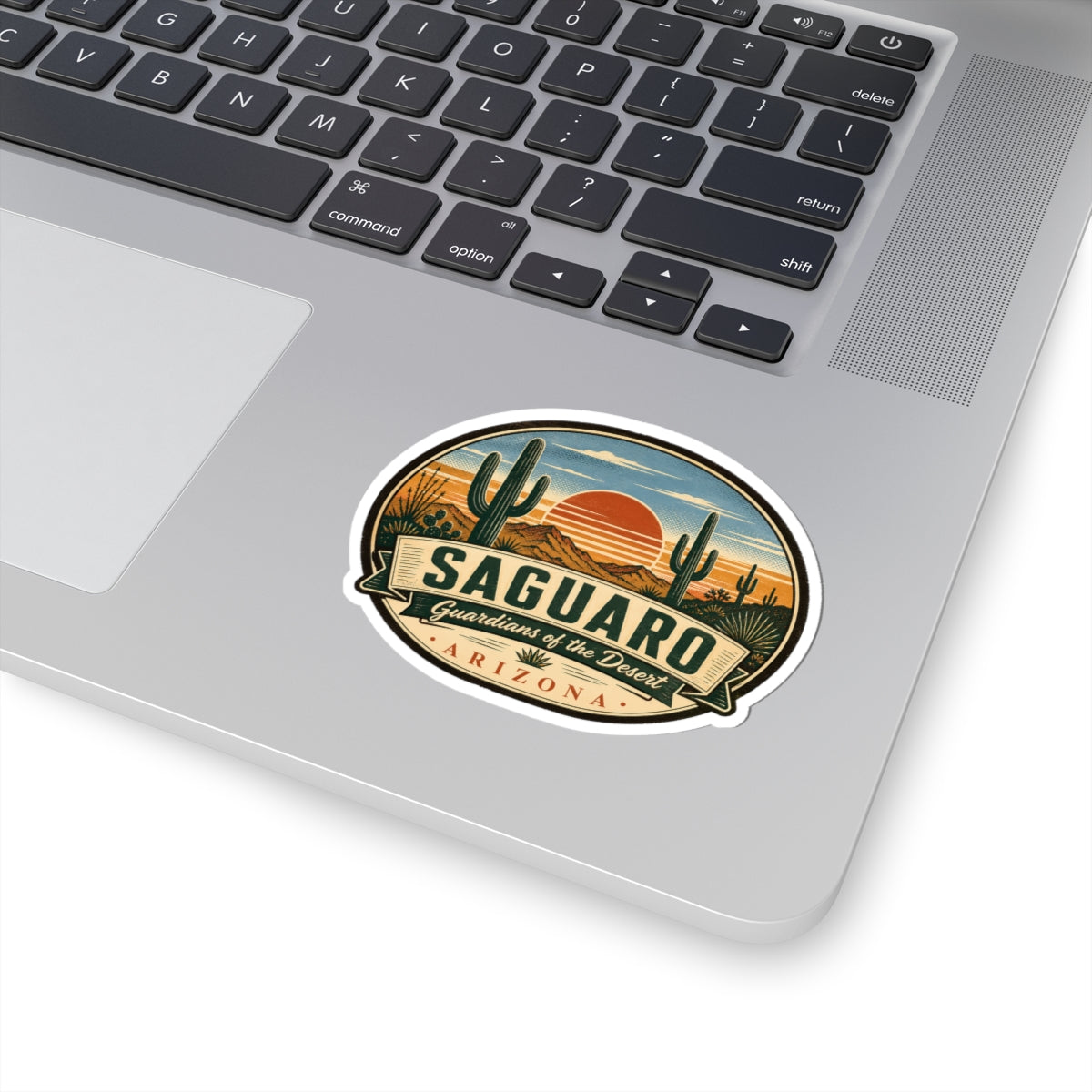 Saguaro Arizona travel sticker on a laptop keyboard