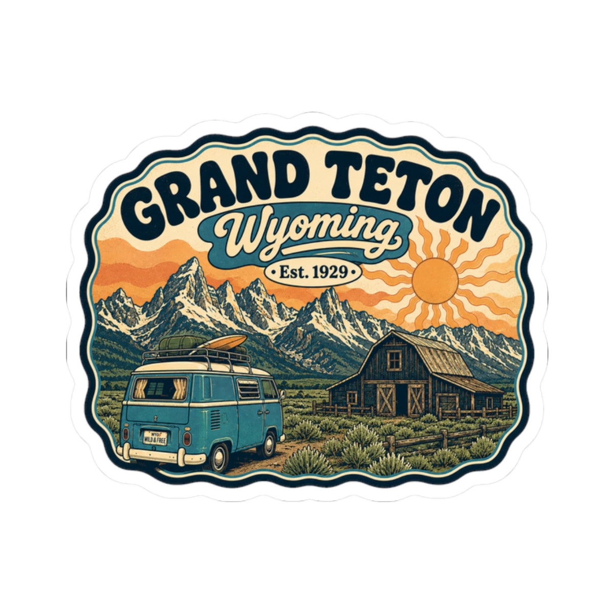 Grand Teton Wyoming kiss-cut sticker with teal camper van, mountainscape, barn, and orange sun