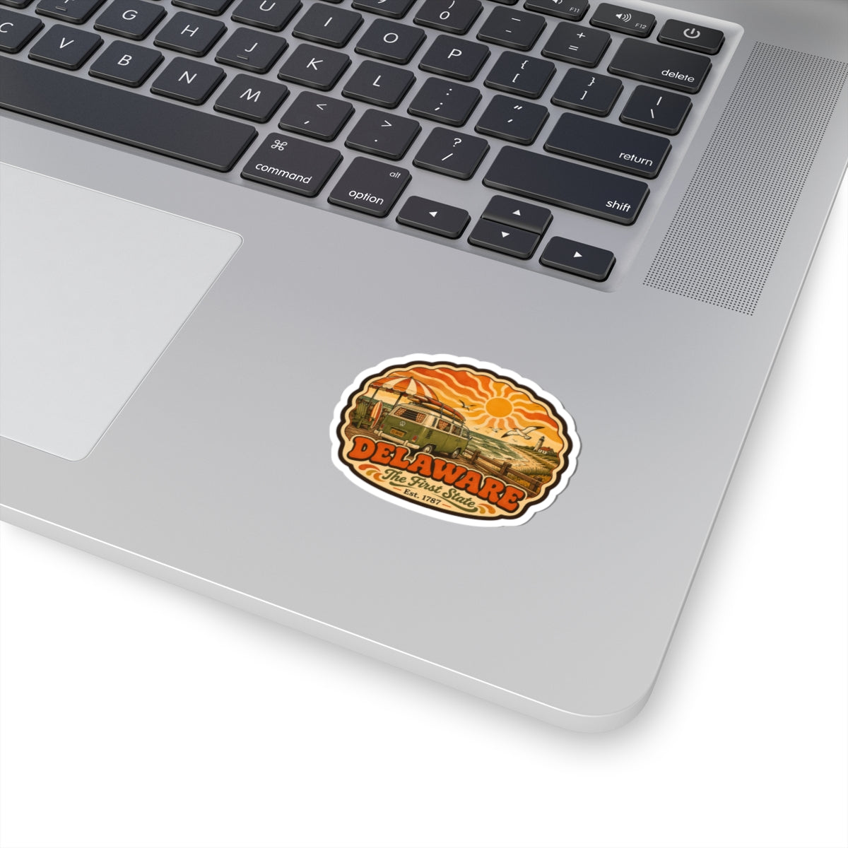 Retro Delaware sticker with orange beach van and sun, die-cut border
