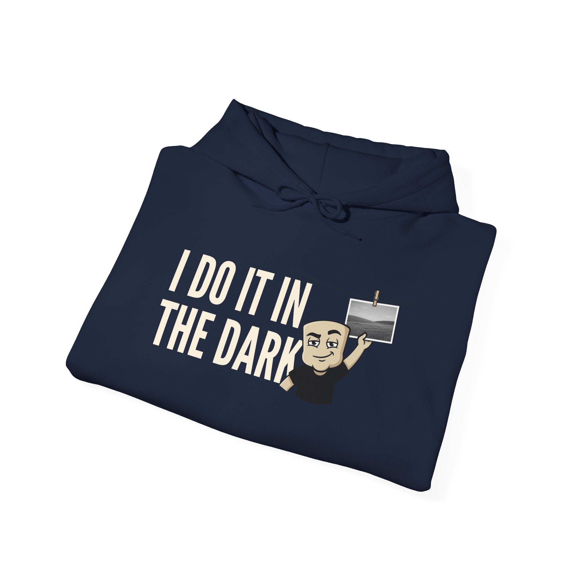 Navy pullover hoodie with drawstring hood and 'I do it in the dark' graphic