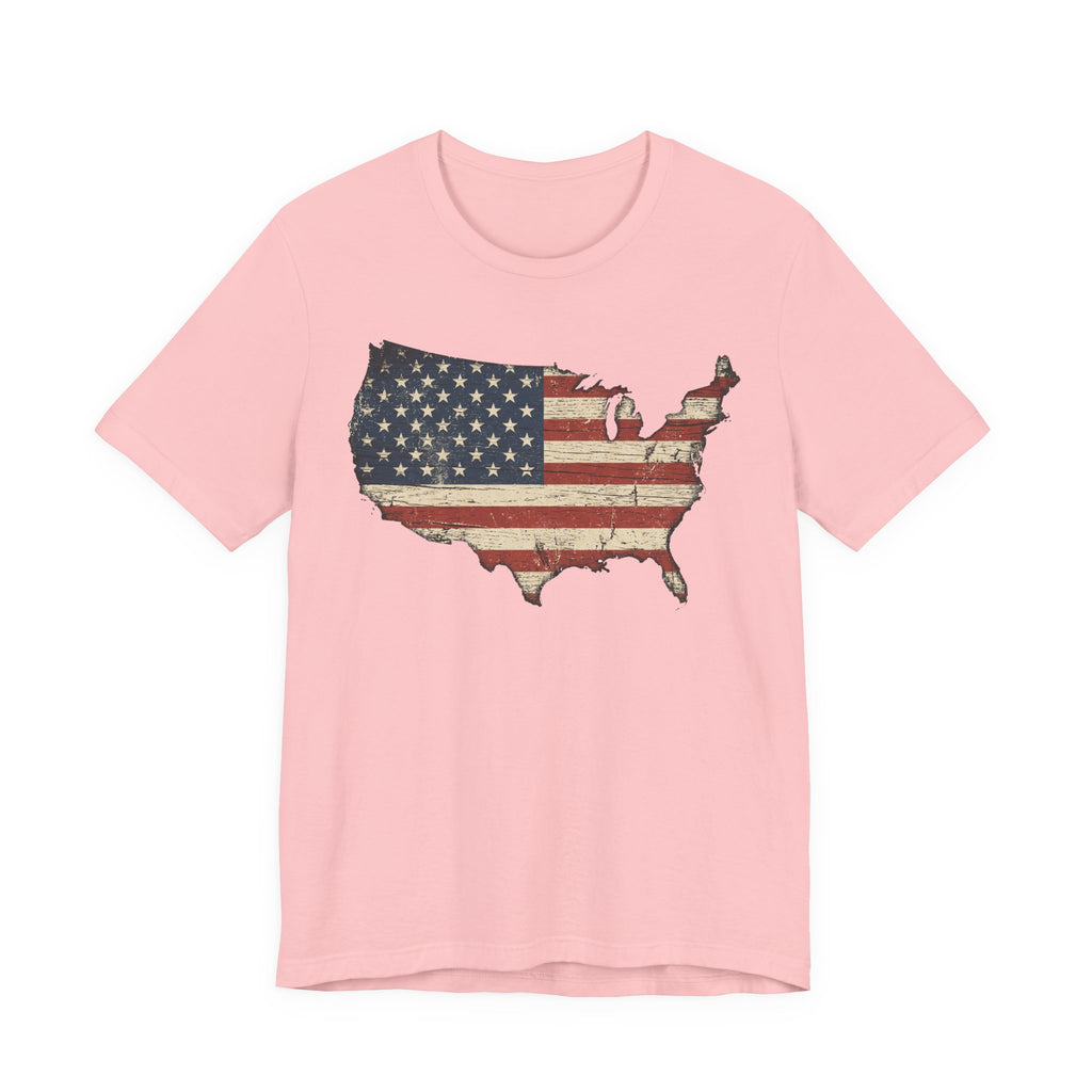 Pink T-shirt with distressed American flag map graphic on the chest