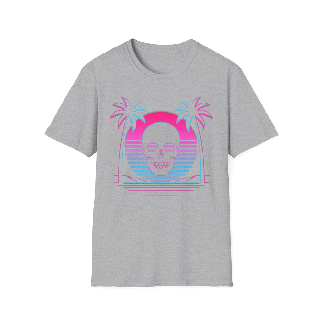 Heather gray T-shirt with vaporwave skull graphic, palm trees and sunset arch design