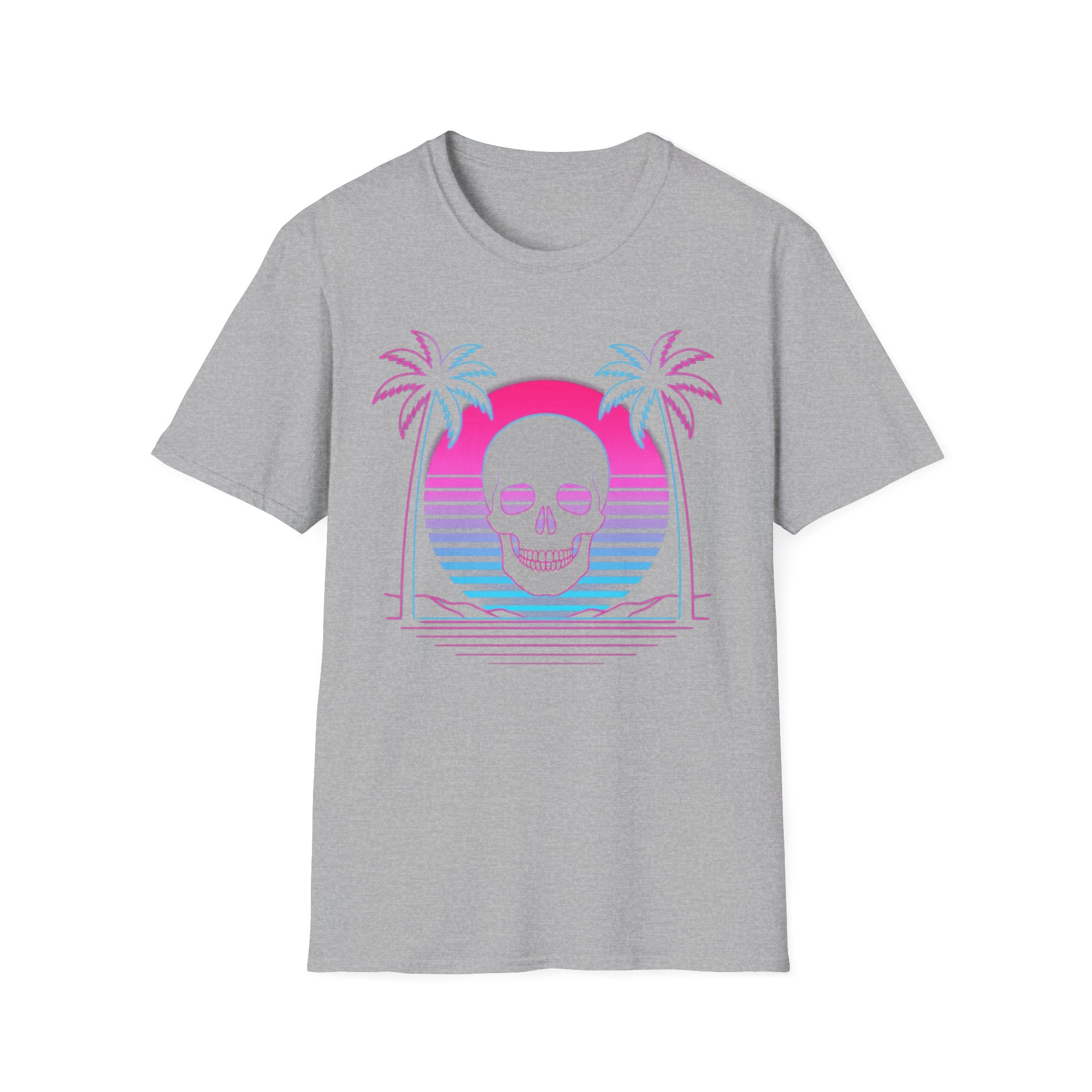 Heather gray T-shirt with vaporwave skull graphic, palm trees and sunset arch design