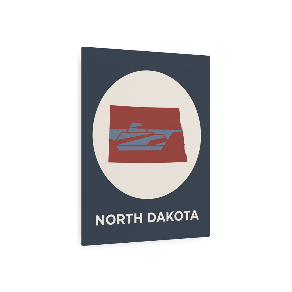 North Dakota metal wall sign with oval logo, red state graphic, and “NORTH DAKOTA” text