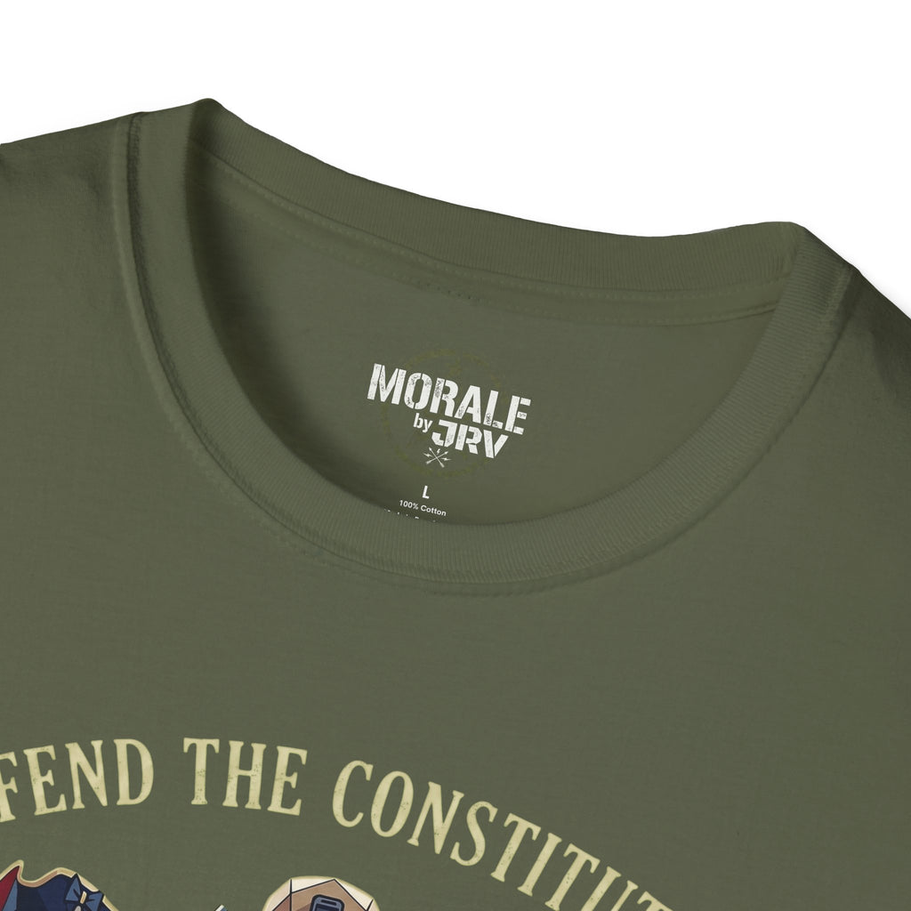 Militia T-shirt, military green; “MORALE by TRIV” logo at crew neck