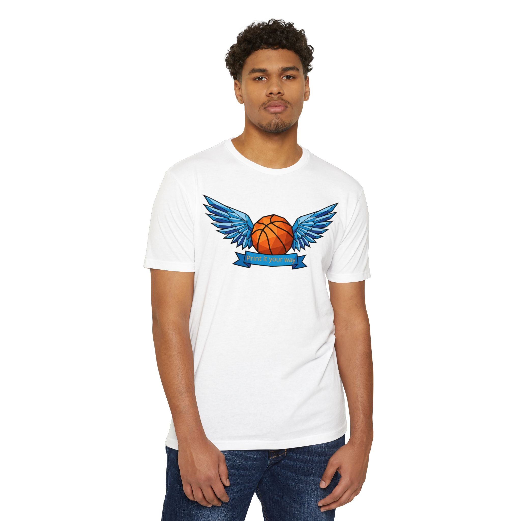 White basketball t-shirt with winged basketball graphic on the chest, crew neck
