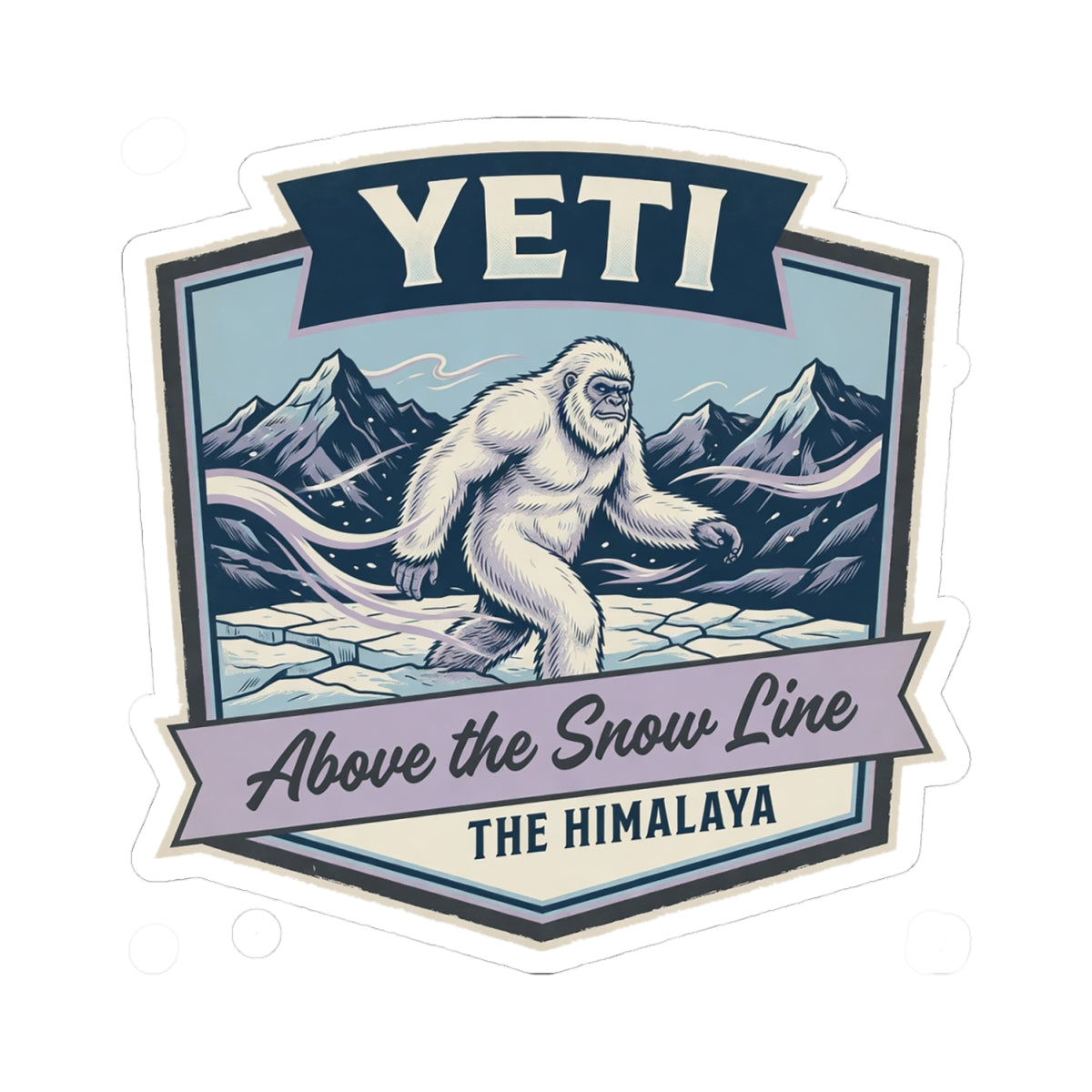 YETI die-cut sticker showing Himalayan sasquatch above the snow line, bold blue border