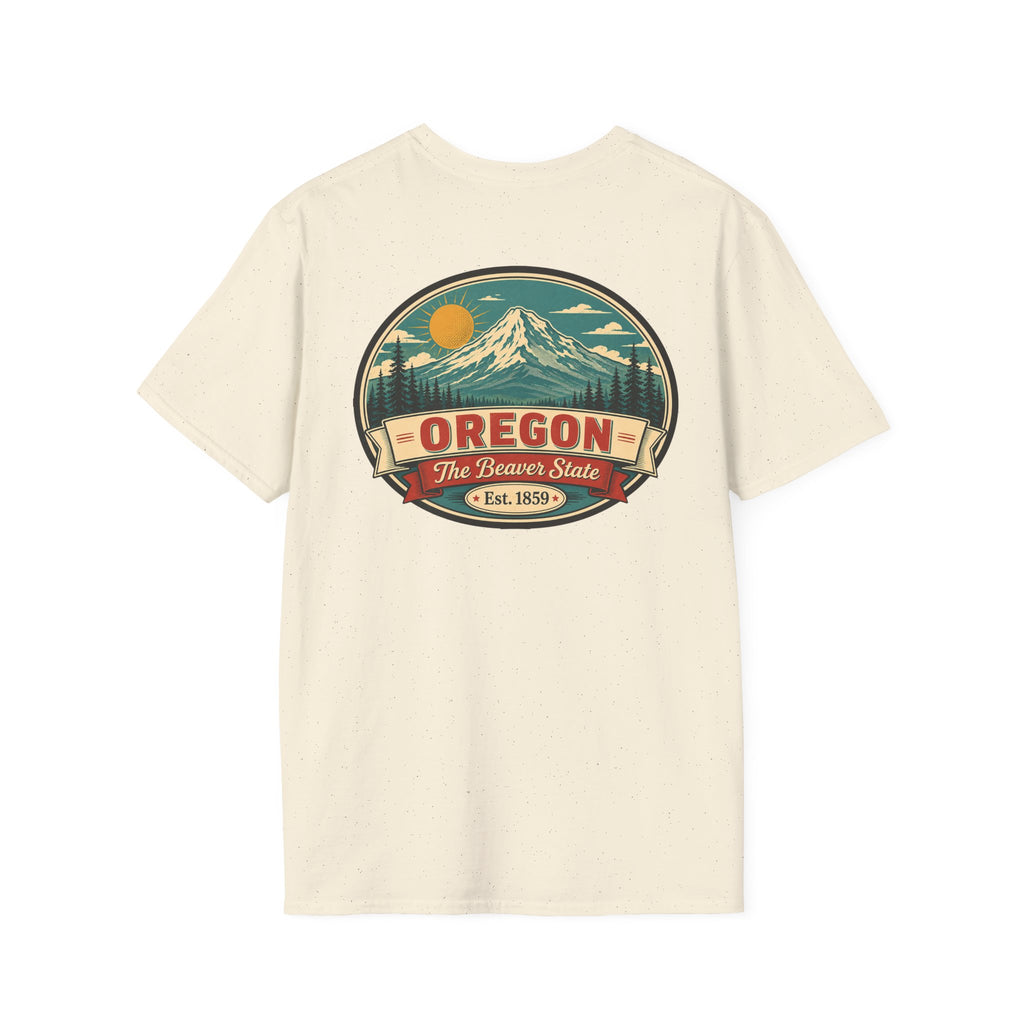 Oregon mountain graphic T-shirt, natural crew neck with circular Beaver State logo