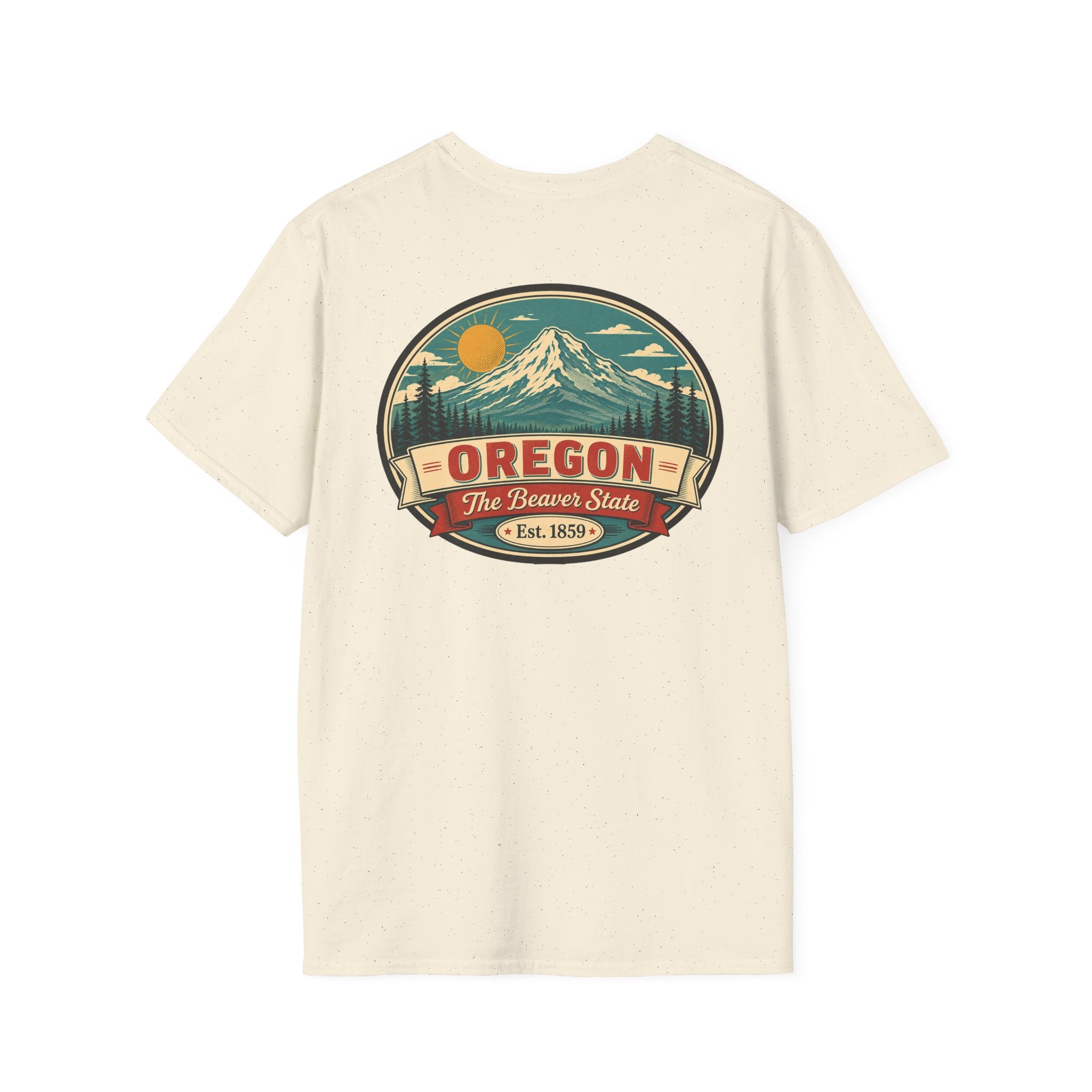 Oregon mountain graphic T-shirt, natural crew neck with circular Beaver State logo