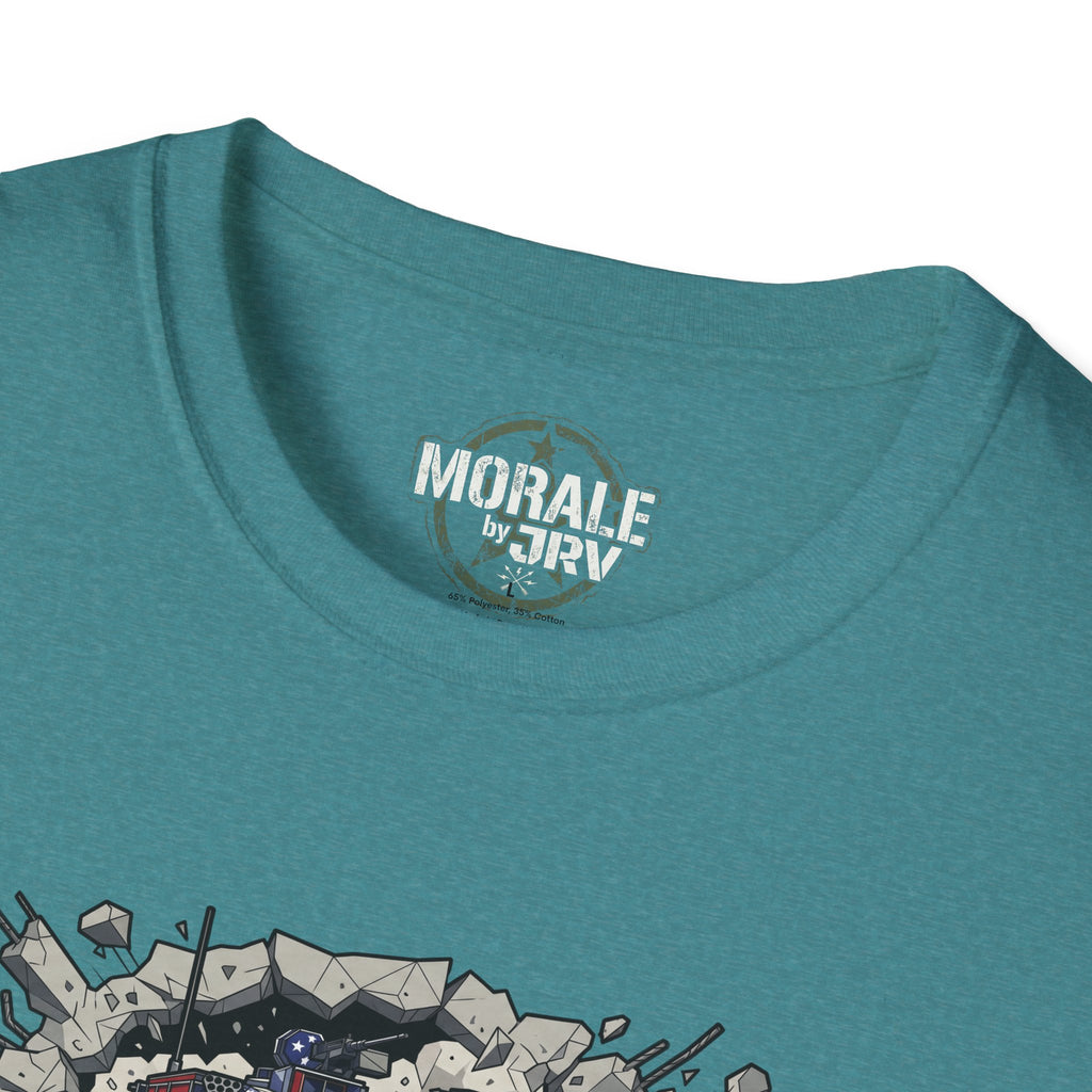 Tank tee close-up: “MORALE by TRV” neck logo on teal shirt