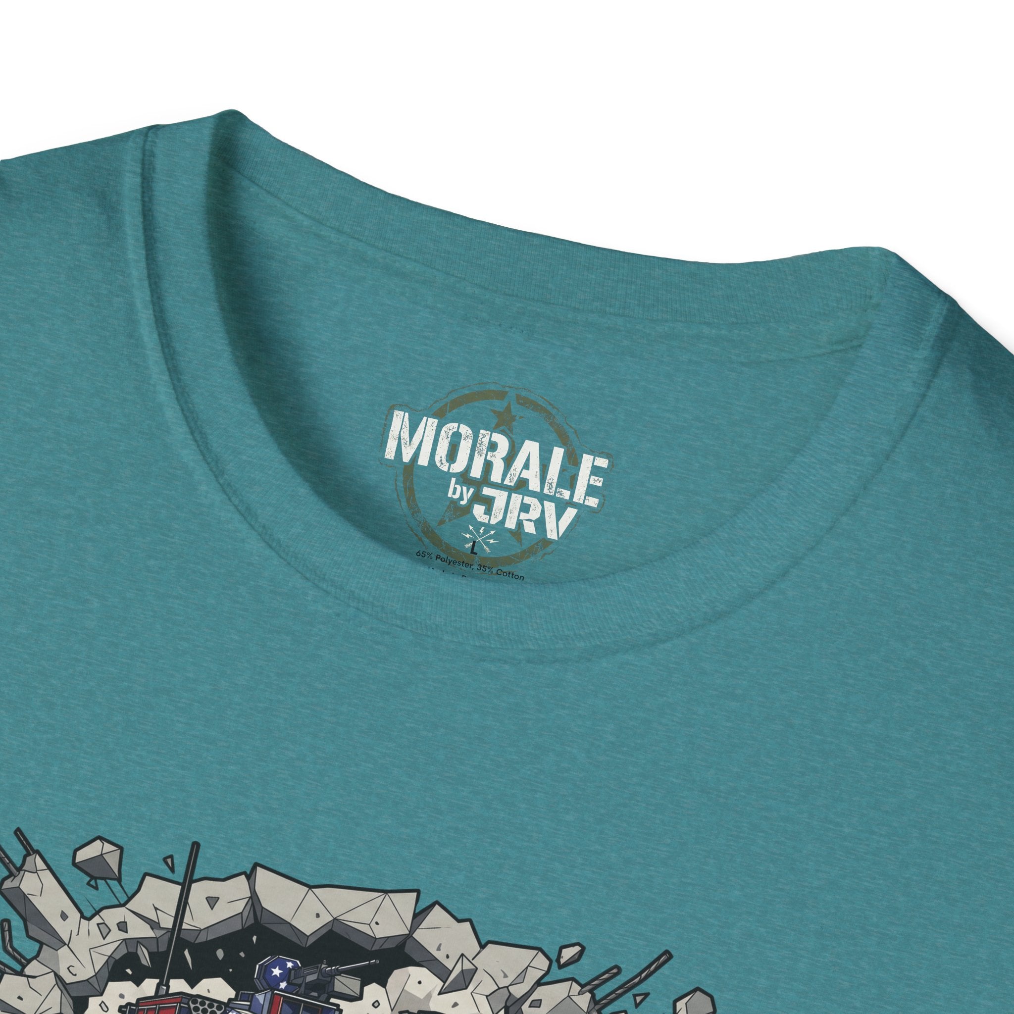 Tank tee close-up: “MORALE by TRV” neck logo on teal shirt