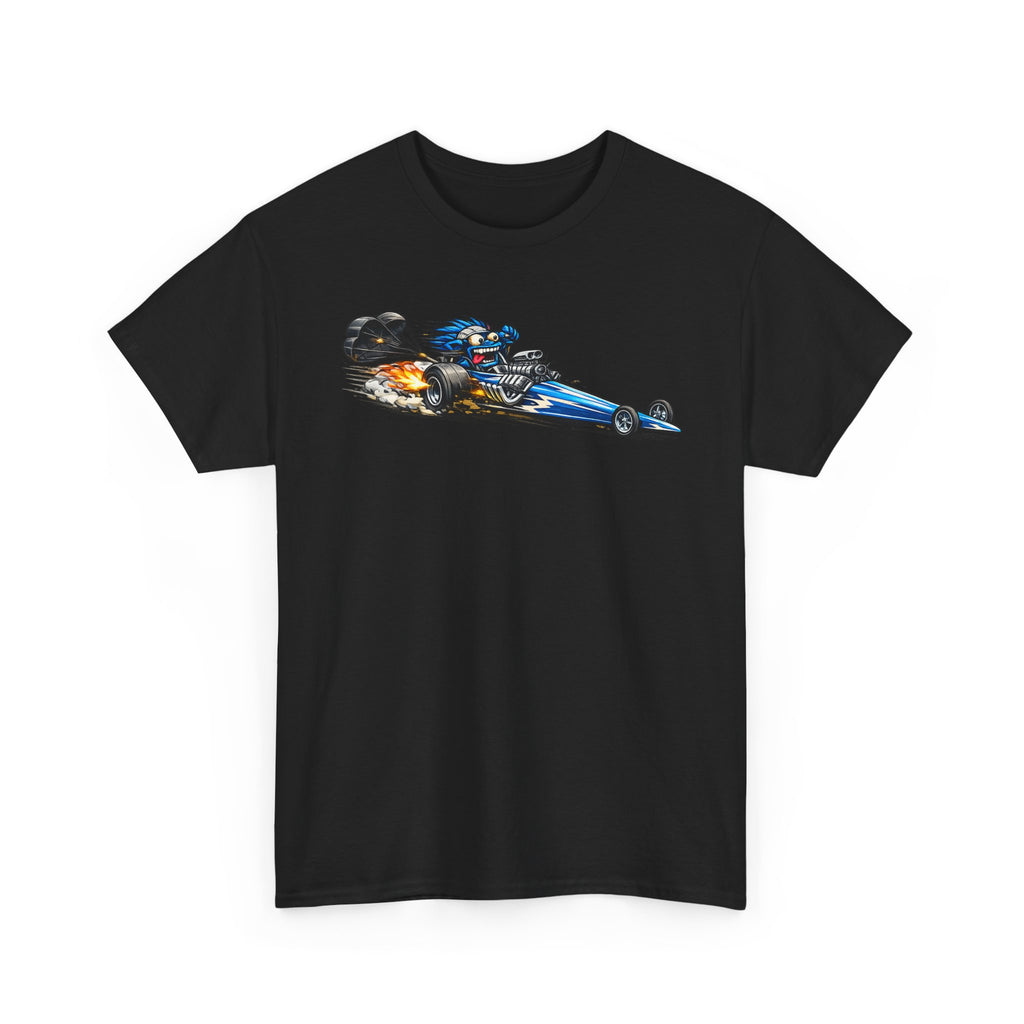 Black unisex graphic tee with flaming dragster car print on the chest