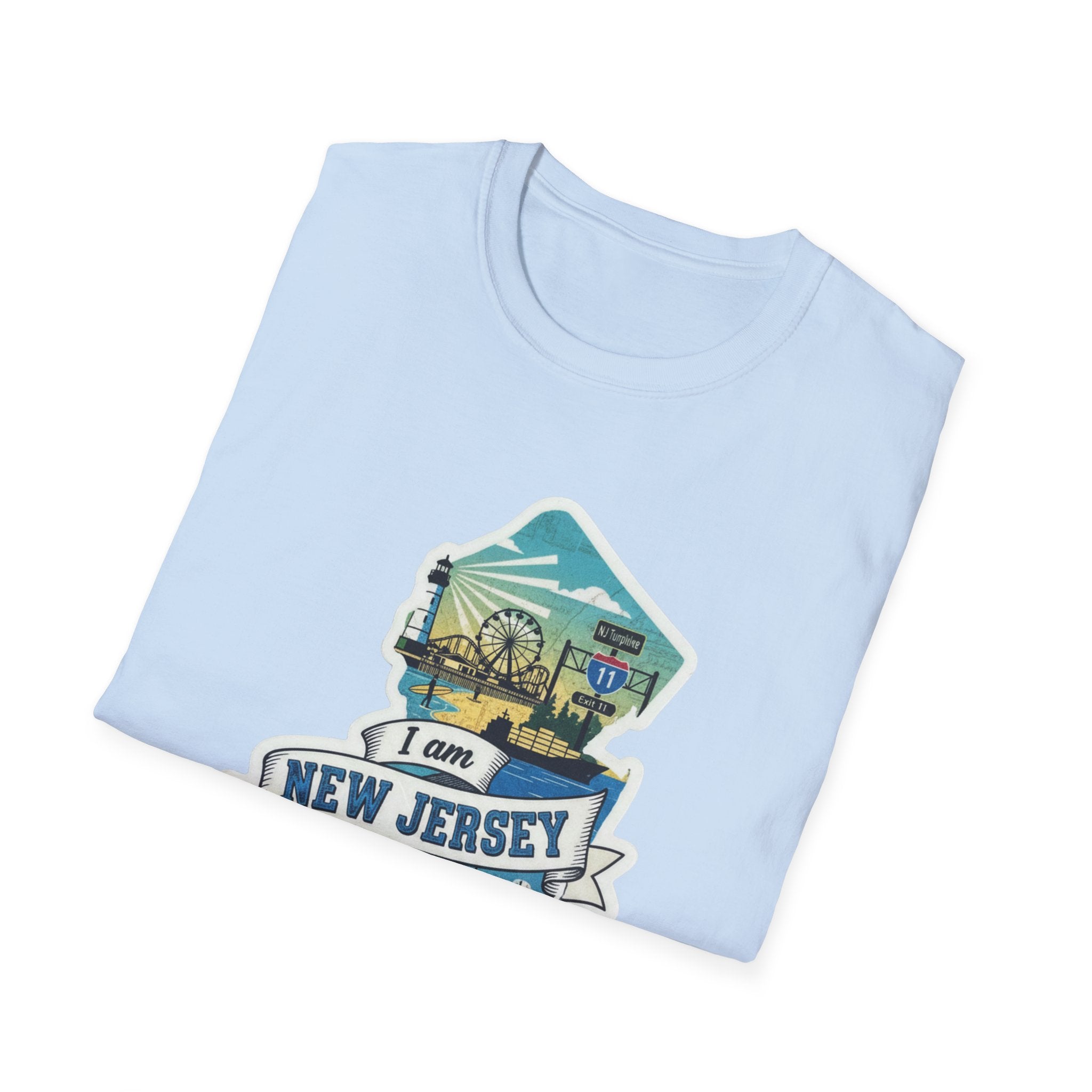 Light blue T-shirt with “I am NEW JERSEY” skyline graphic, short sleeves.