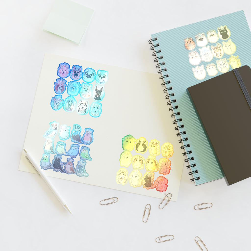 Royal Pets die-cut sticker sheet with clusters of blue pets and yellow pets