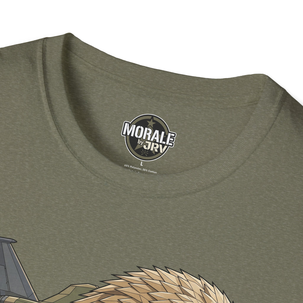 Heather military green T-shirt neckline with circular logo patch