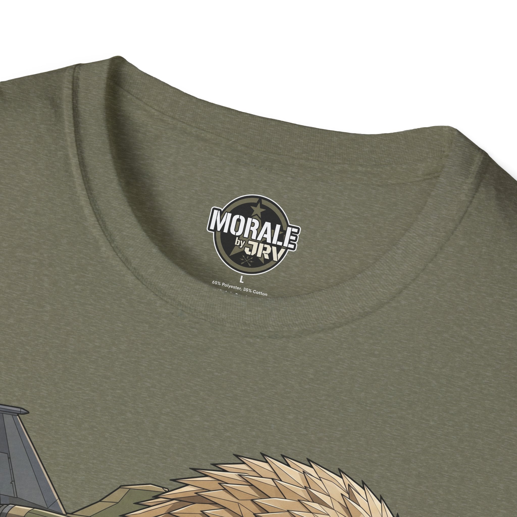 Heather military green T-shirt neckline with circular logo patch