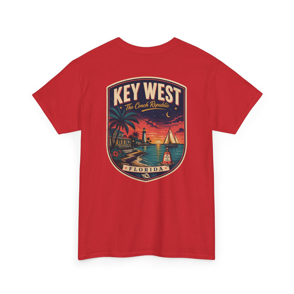 Red crewneck T-shirt with Key West Florida badge lighthouse print.