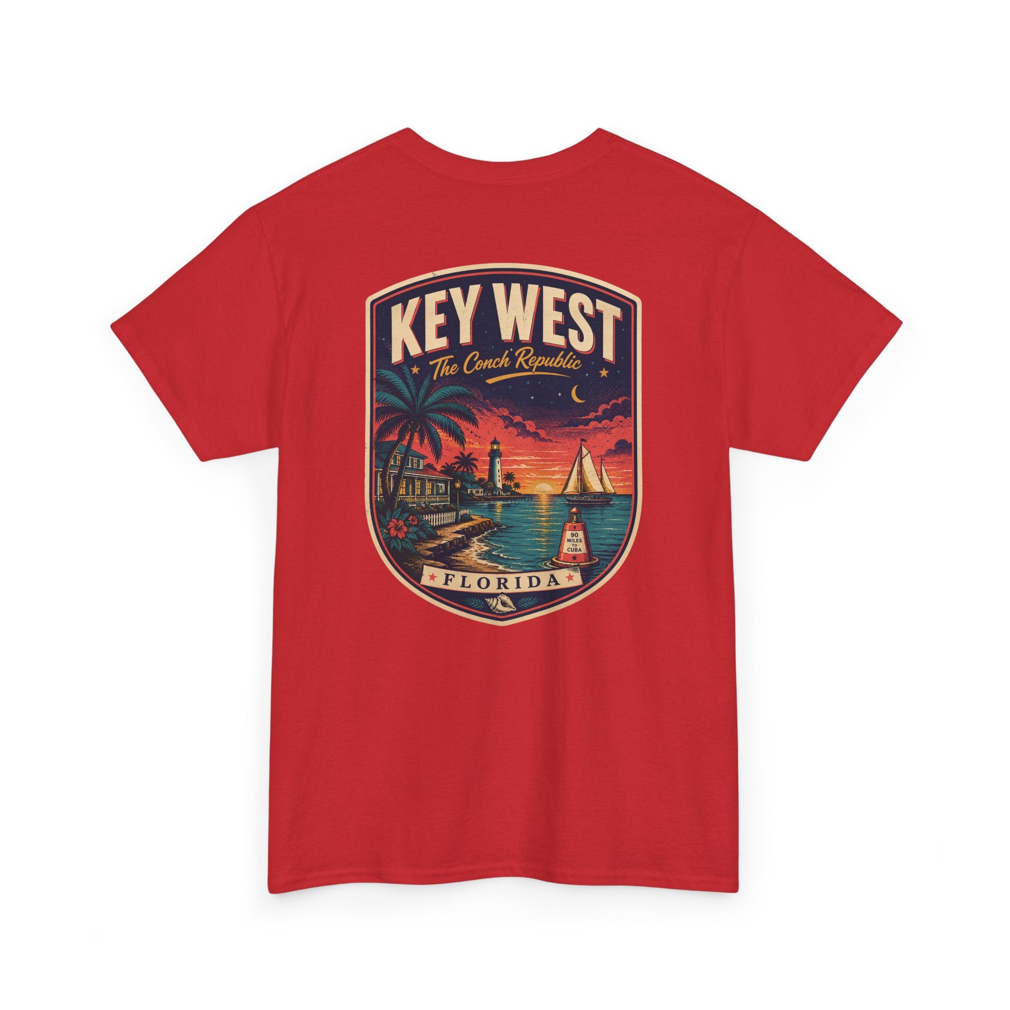 Red crewneck T-shirt with Key West Florida badge lighthouse print.