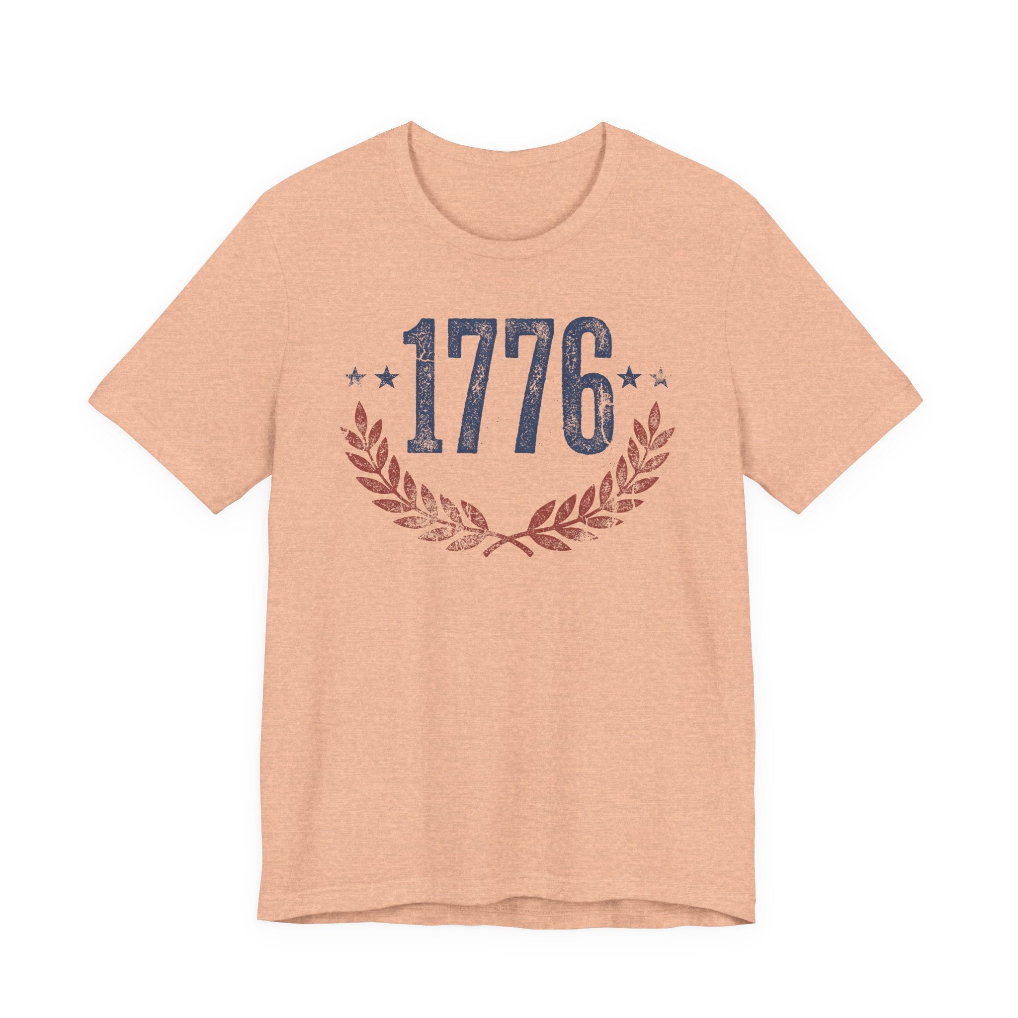 Heather Peach T-shirt with '1776' laurel wreath graphic and star accents