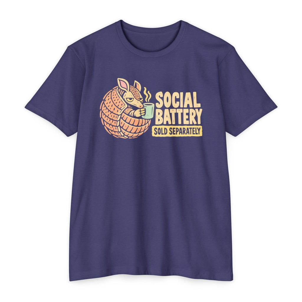 Navy purple t-shirt with orange armadillo graphic and “SOCIAL BATTERY” text