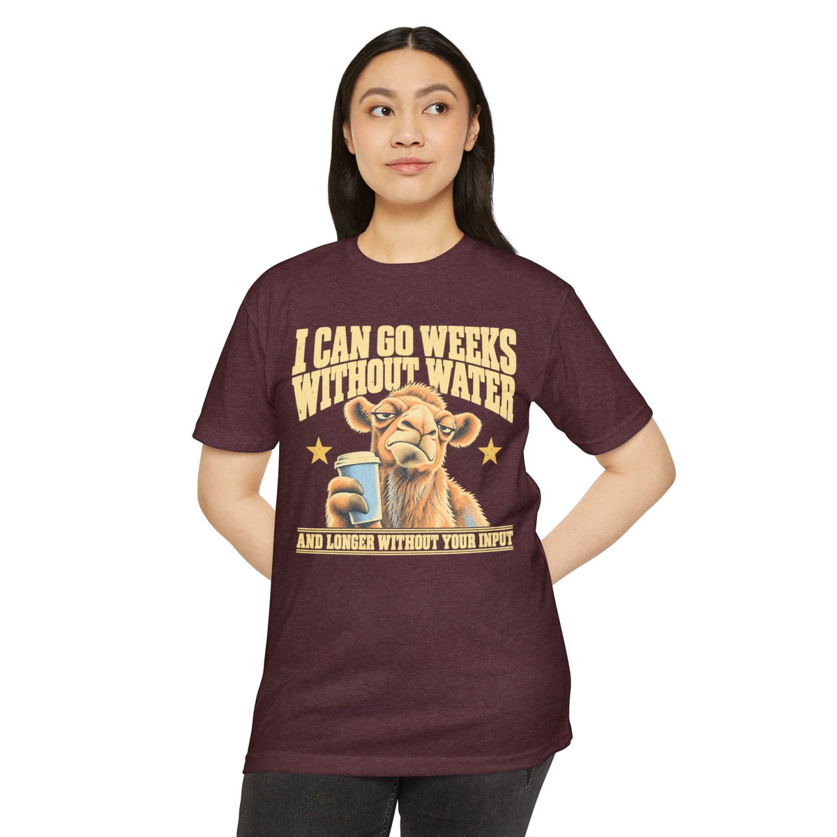 Maroon short-sleeve T-shirt with coffee dog graphic and yellow lettering