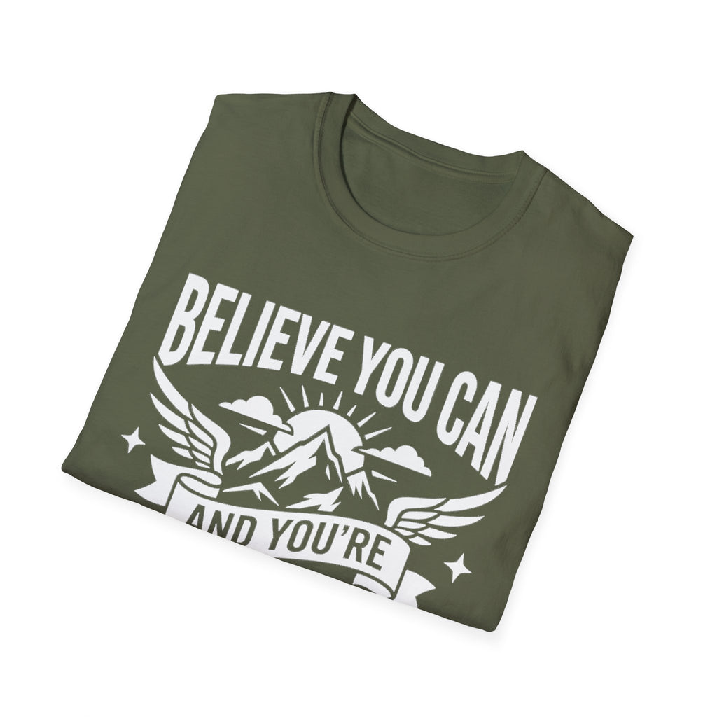 Believe You Can mountain quote graphic tee in Military Green, front text and mountain