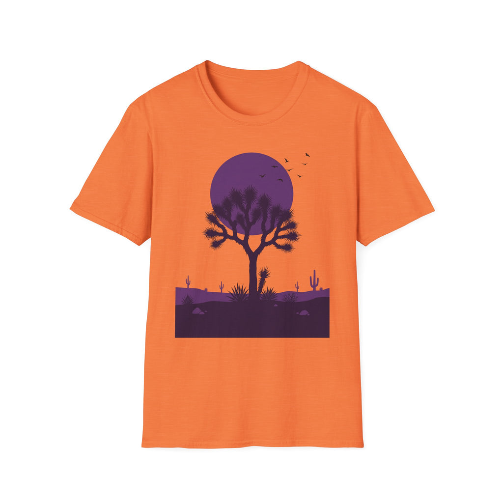 Orange T-shirt with purple moon and Joshua tree desert landscape silhouette graphic