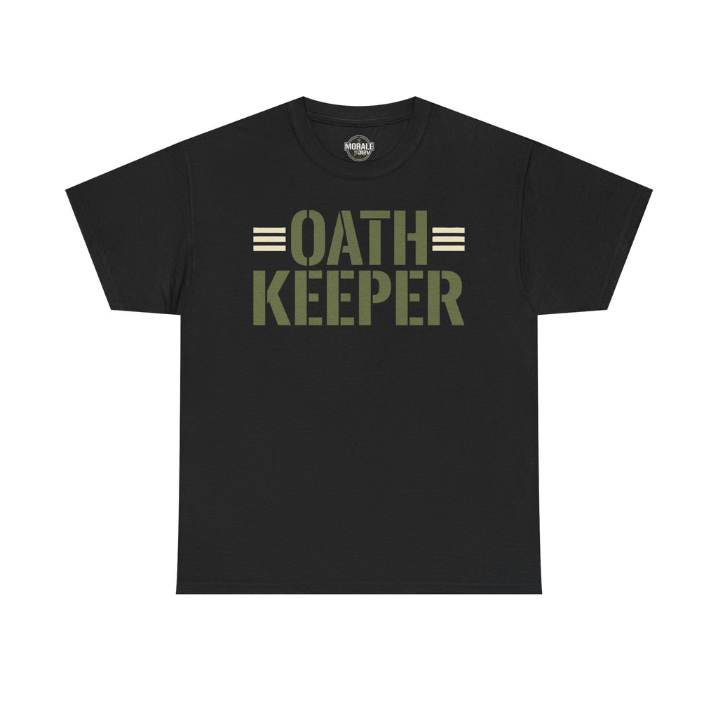 Black T-shirt with crew neck and large "OATH KEEPER" front graphic print