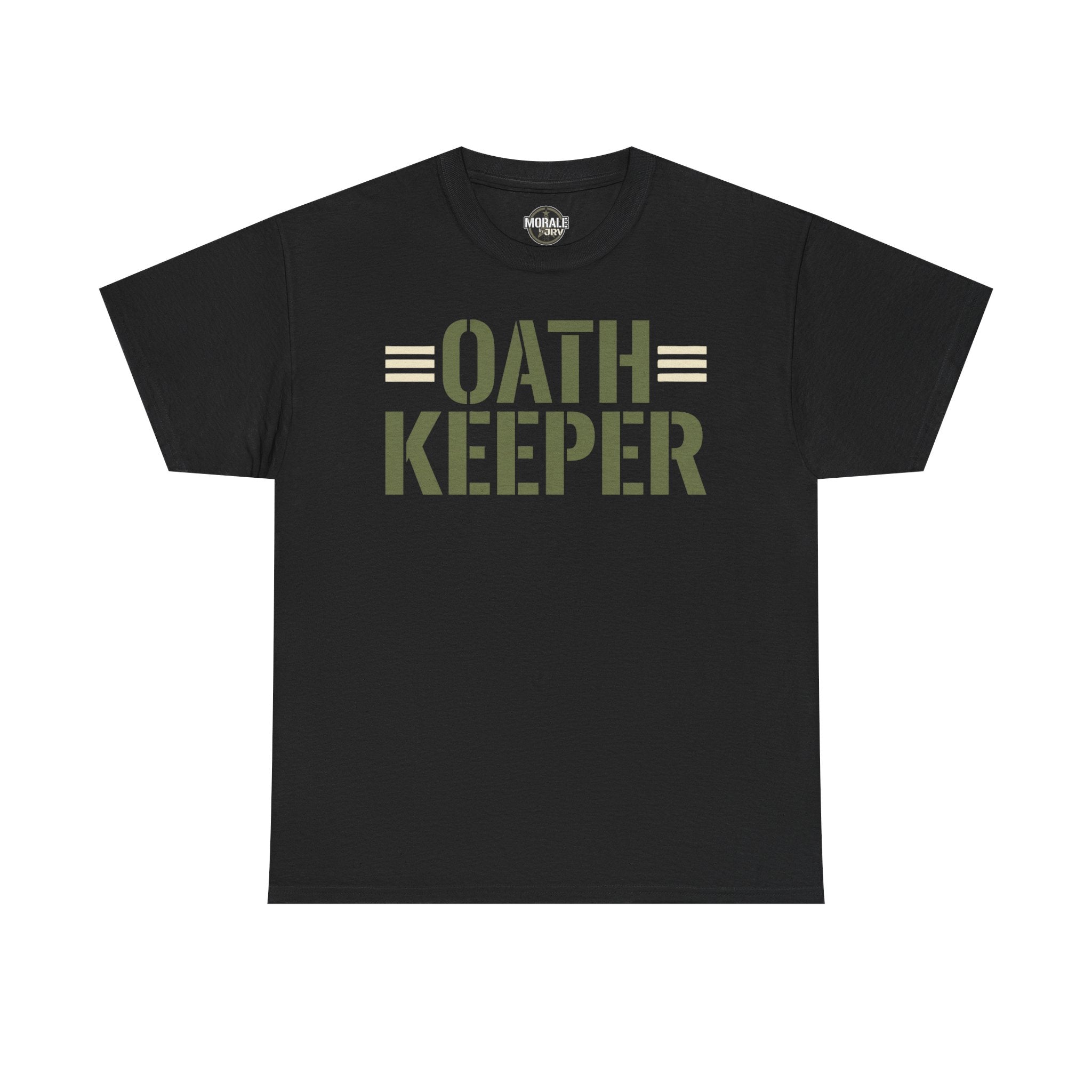 Black T-shirt with crew neck and large "OATH KEEPER" front graphic print