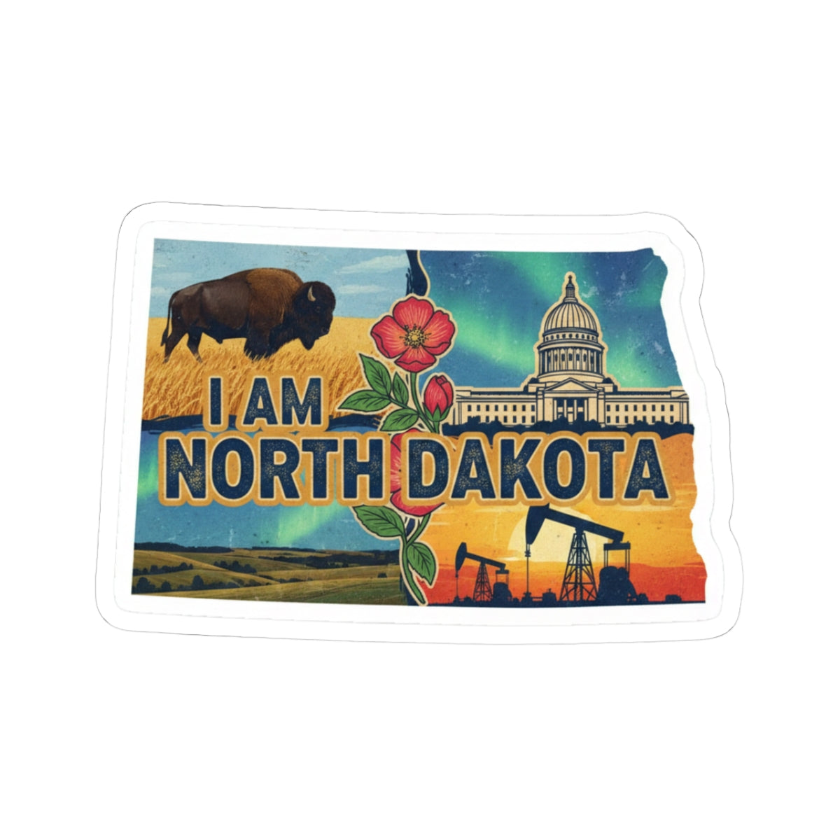 I Am North Dakota sticker with buffalo, flowers, capitol building and text
